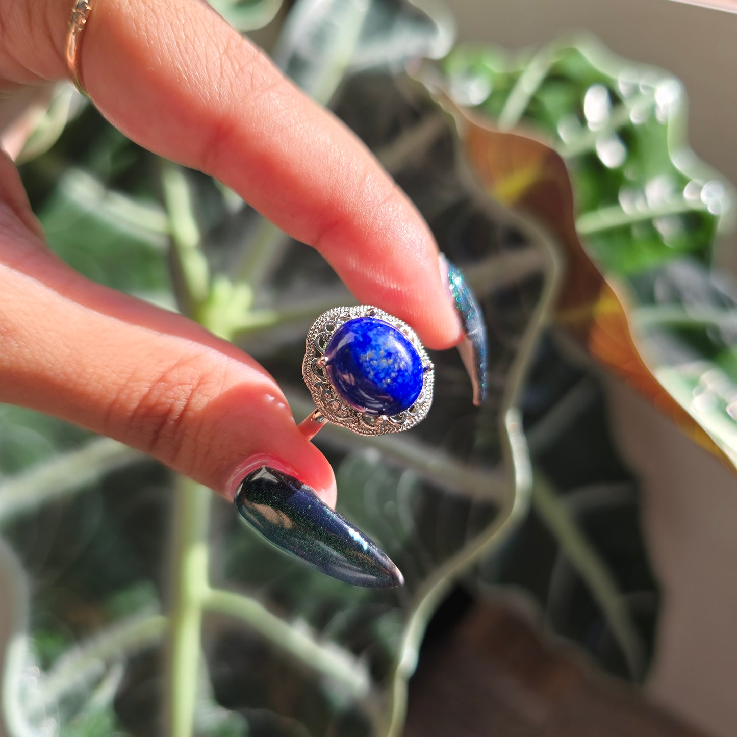 Adjustable Silver Plated Brass Ring - Lapis Lazuli