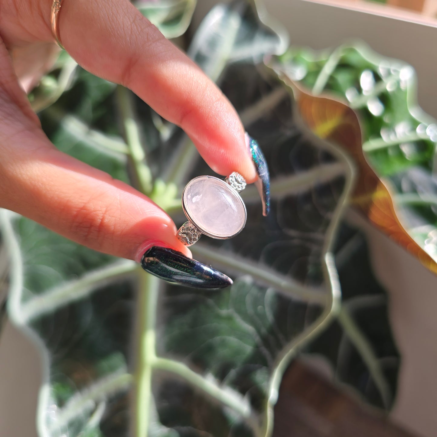 Adjustable Silver Plated Brass Ring - Rose Quartz
