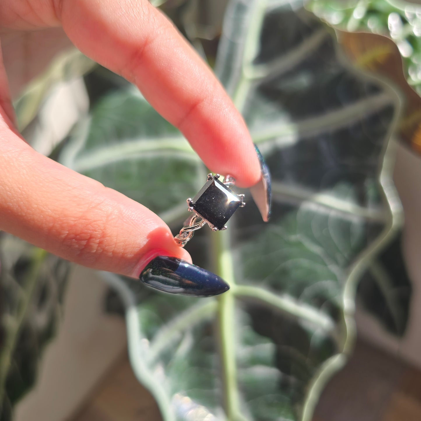 Adjustable Silver Plated Brass Ring - Black Obsidian