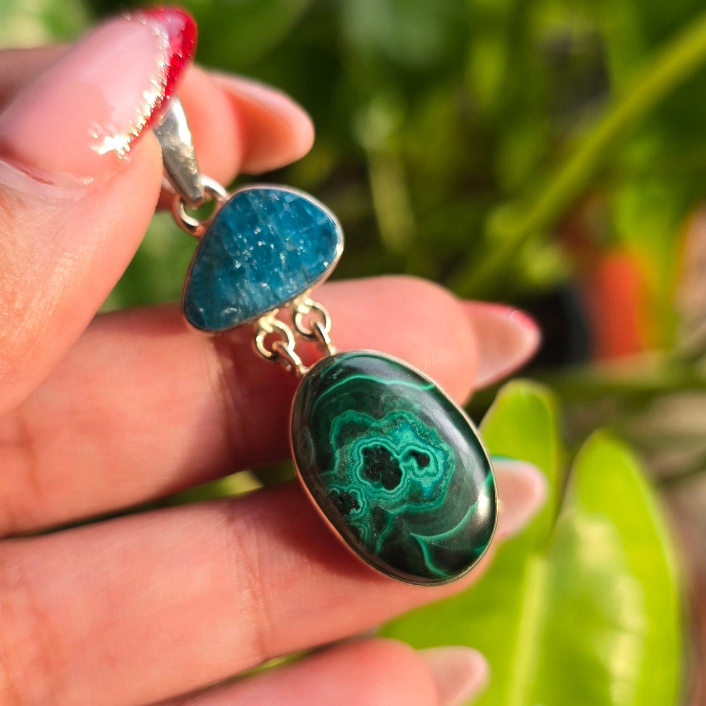 Blue Apatite and Malachite Pendant
