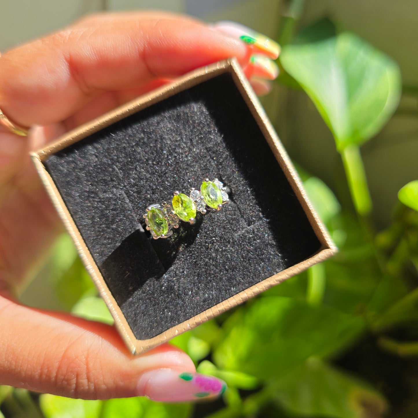 Adjustable Silver Plated Brass Ring - Peridot
