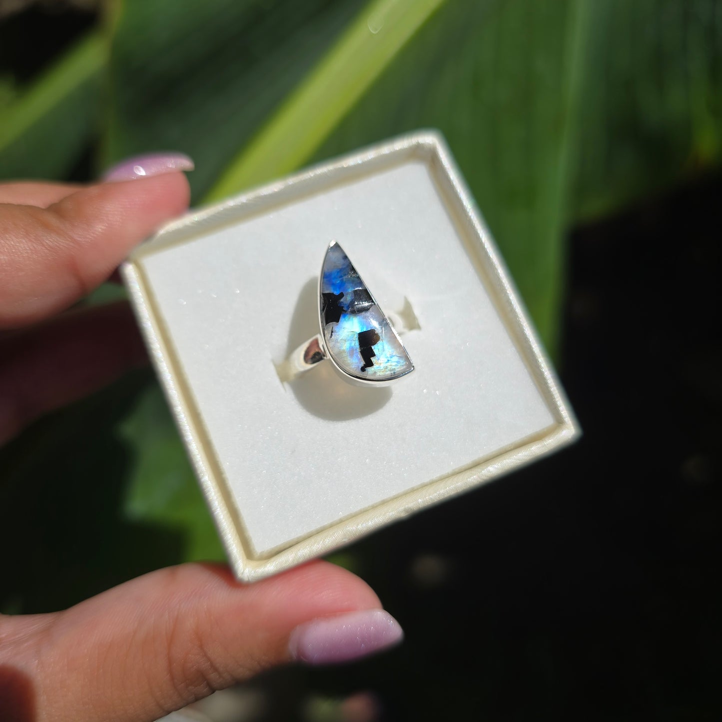 Rainbow Moonstone with Black Mica Ring - Size 5