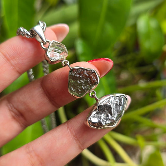 Herkimer Diamond, Moldavite & Campo del Cielo Pendant