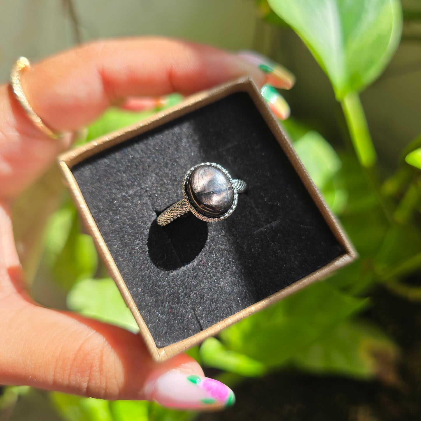 Adjustable Silver Plated Brass Ring - Hypersthene