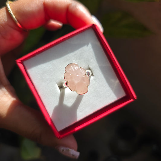 Carved Rose Quartz Gemstone Ring - Size 4.5