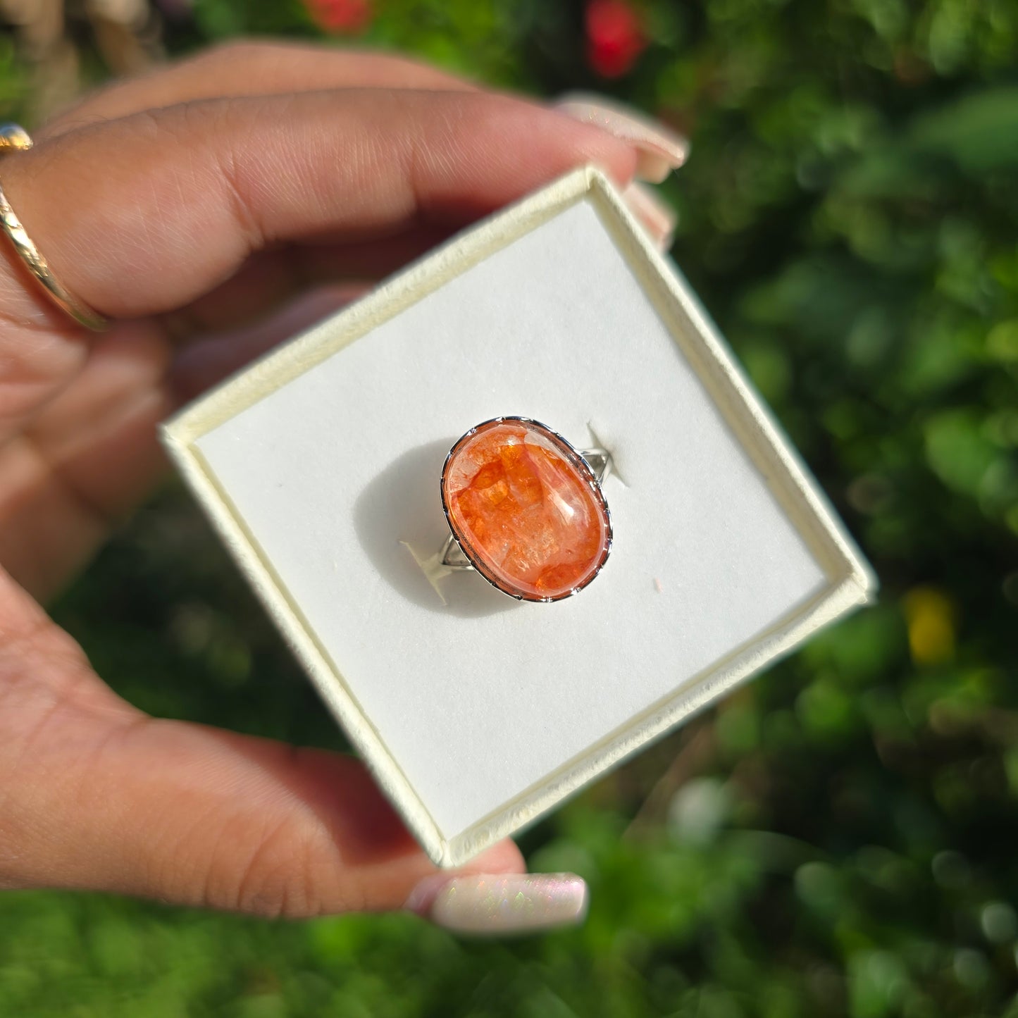 Adjustable Silver Plated Brass Ring - Hematoid Quartz
