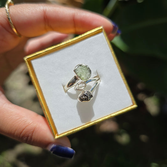 Moldavite, Herkimer Diamond and Campo del Cielo Ring - Size 9