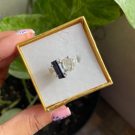 Black Tourmaline and Herkimer Diamond Ring - Size 8