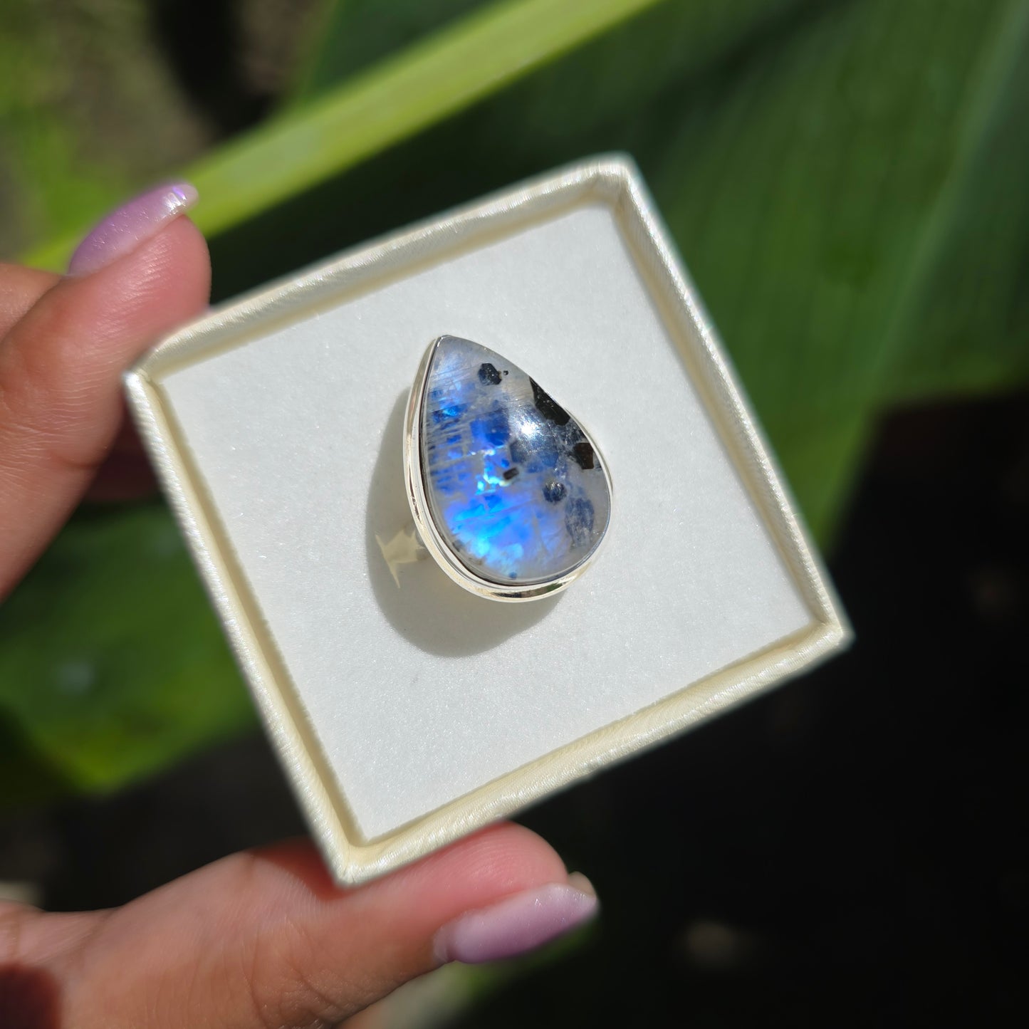 Rainbow Moonstone with Black Mica Ring - Size 6