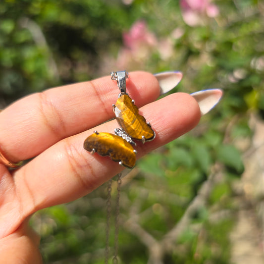 Silver Plated Brass Butterfly Pendant - Tiger's Eye