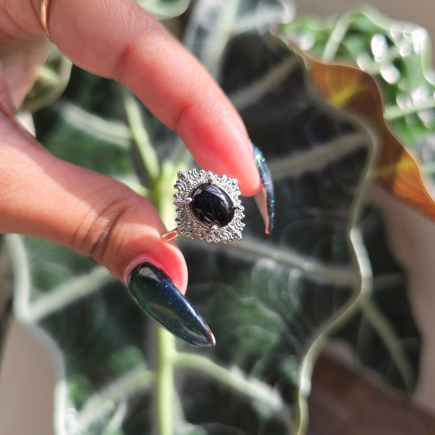 Adjustable Silver Plated Brass Ring - Black Obsidian
