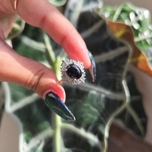 Adjustable Silver Plated Brass Ring - Black Obsidian