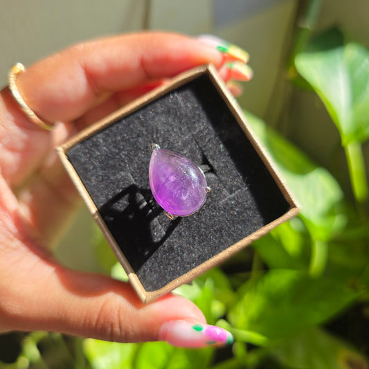 Adjustable Silver Plated Brass Ring - Amethyst