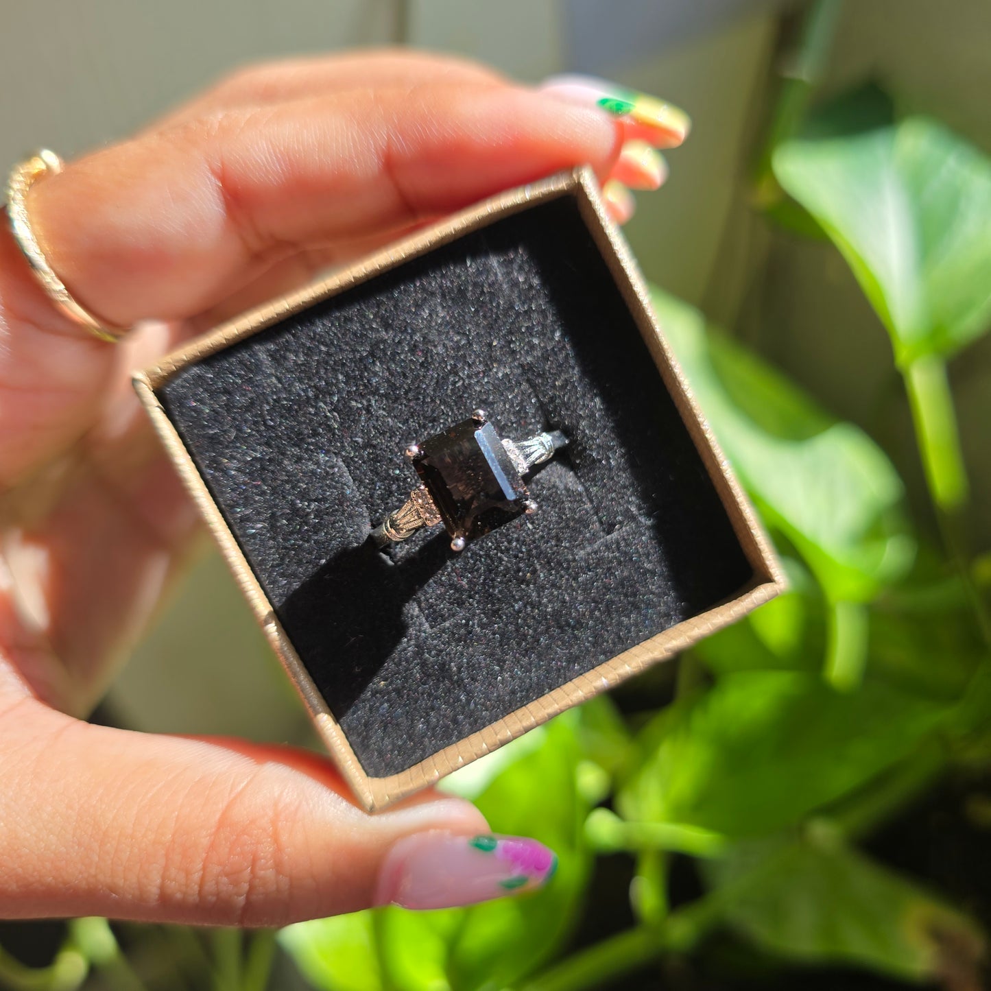 Adjustable Silver Plated Brass Ring - Smoky Quartz