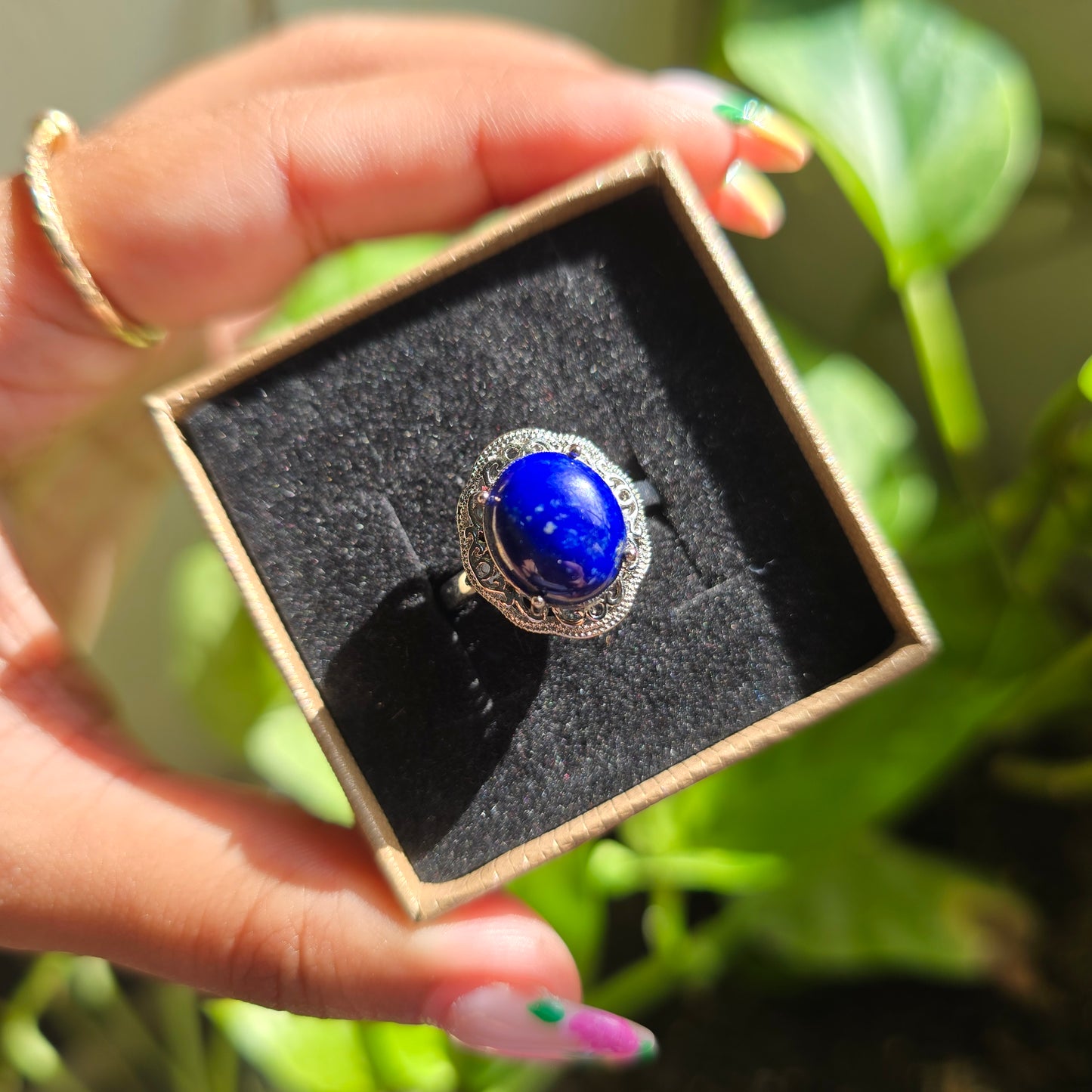 Adjustable Silver Plated Brass Ring - Lapis Lazuli