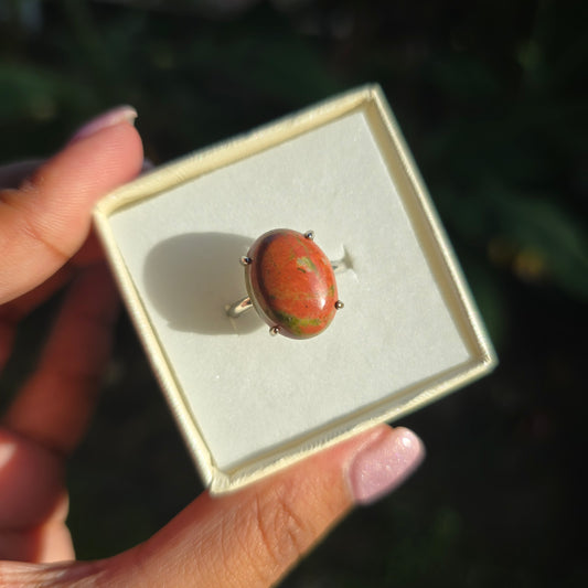 Silver Plated Unakite Ring - Adjustable