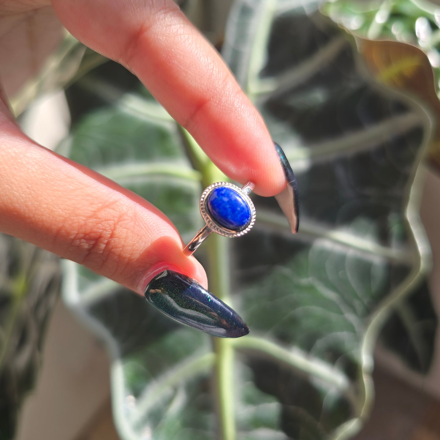 Adjustable Silver Plated Brass Ring - Lapis Lazuli
