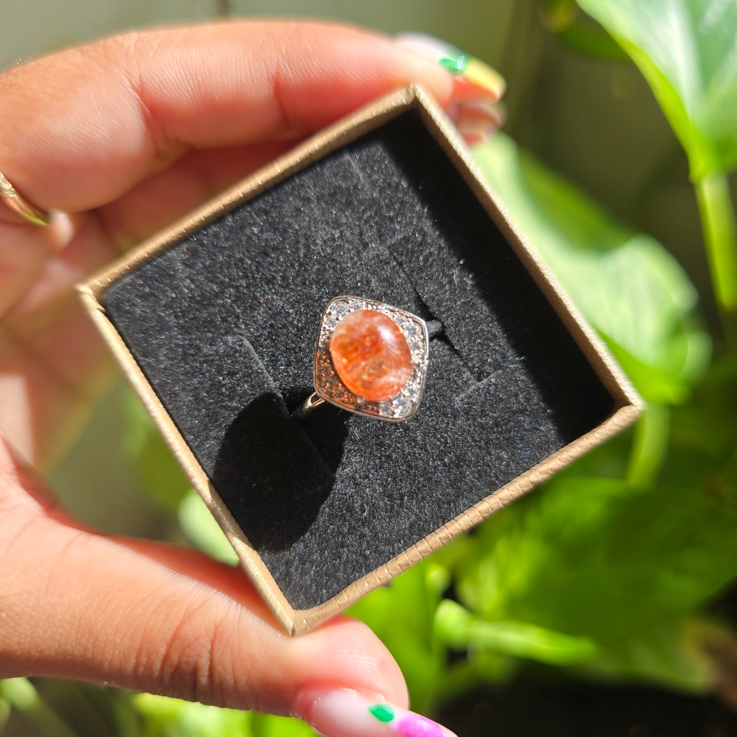Adjustable Silver Plated Brass Ring - Sunstone