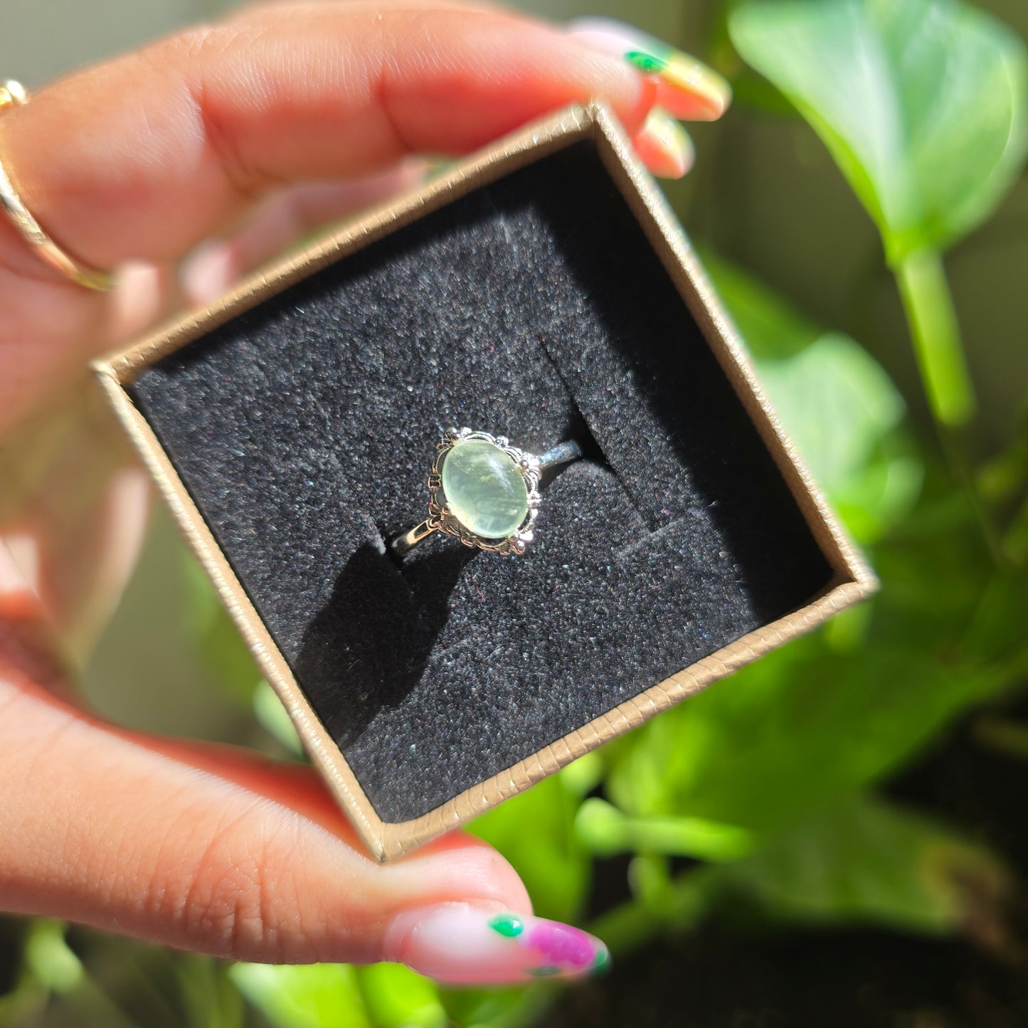 Adjustable Silver Plated Brass Ring - Prehnite