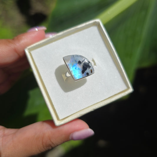 Rainbow Moonstone with Black Mica Ring - Size 7