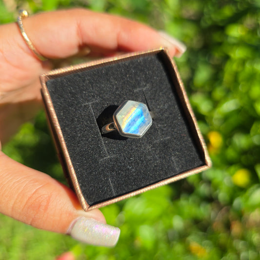 Faceted Rainbow Moonstone Ring - Size 8