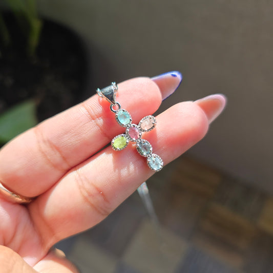 Mixed Tourmaline Pendant - Silver Plated Brass