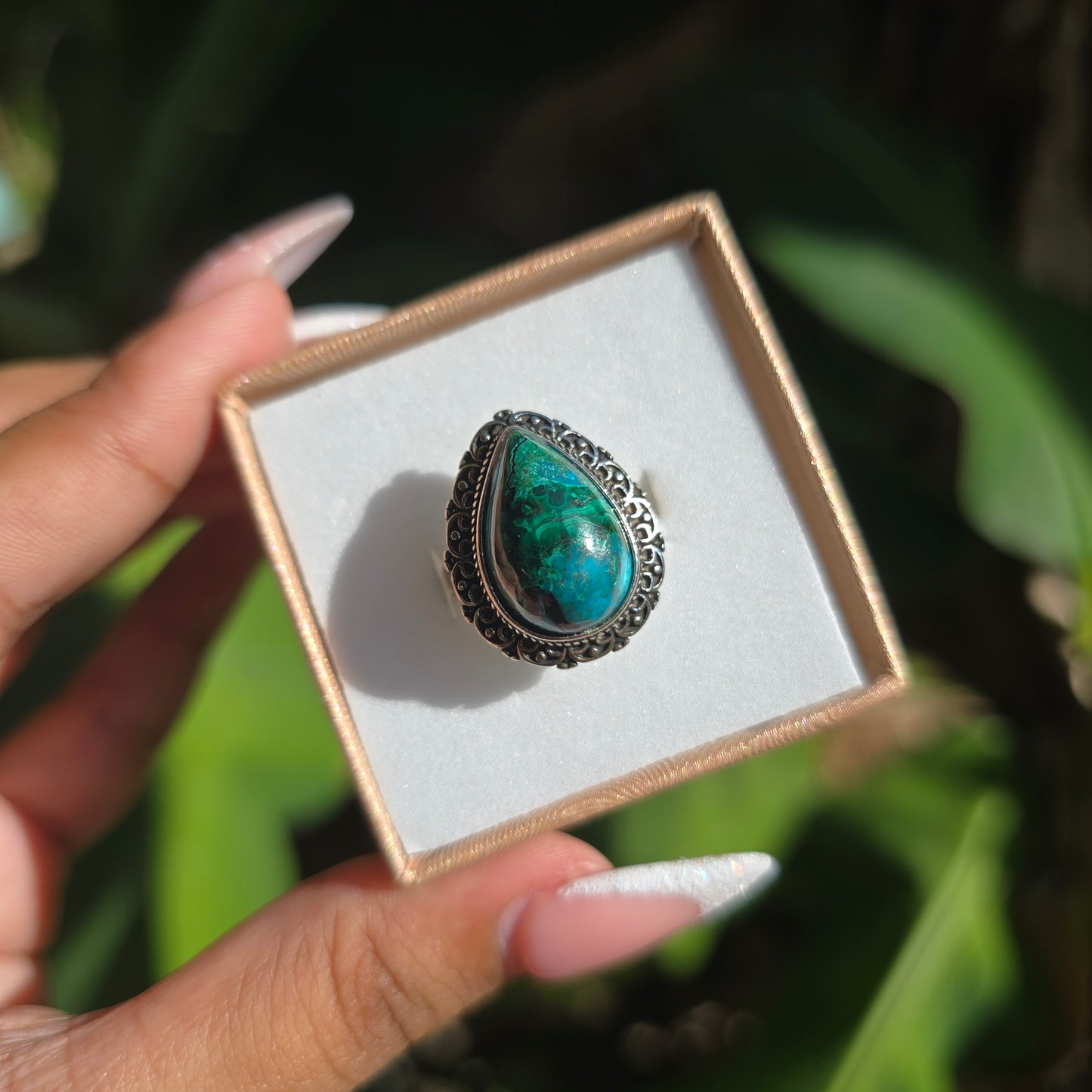 Silver Plated Malacolla (Malachite & Chrysocolla) Ring - Adjustable