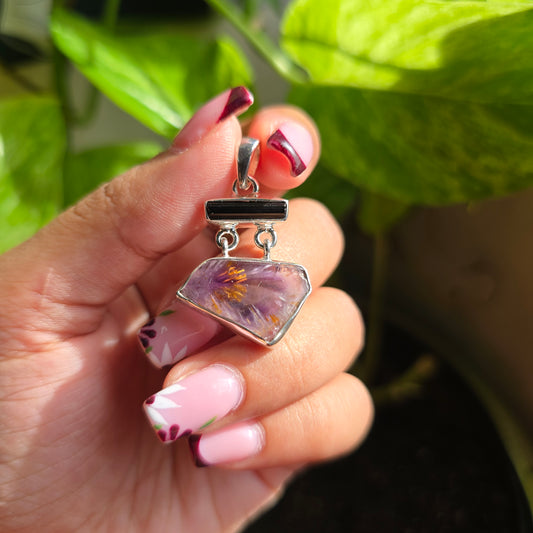 Cacoxenite in Amethyst and Black Tourmaline Pendant