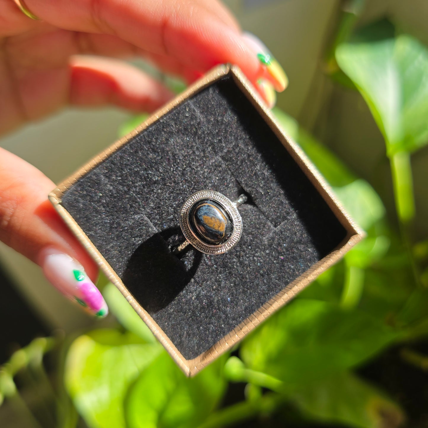Adjustable Silver Plated Brass Ring - Hawk's Eye