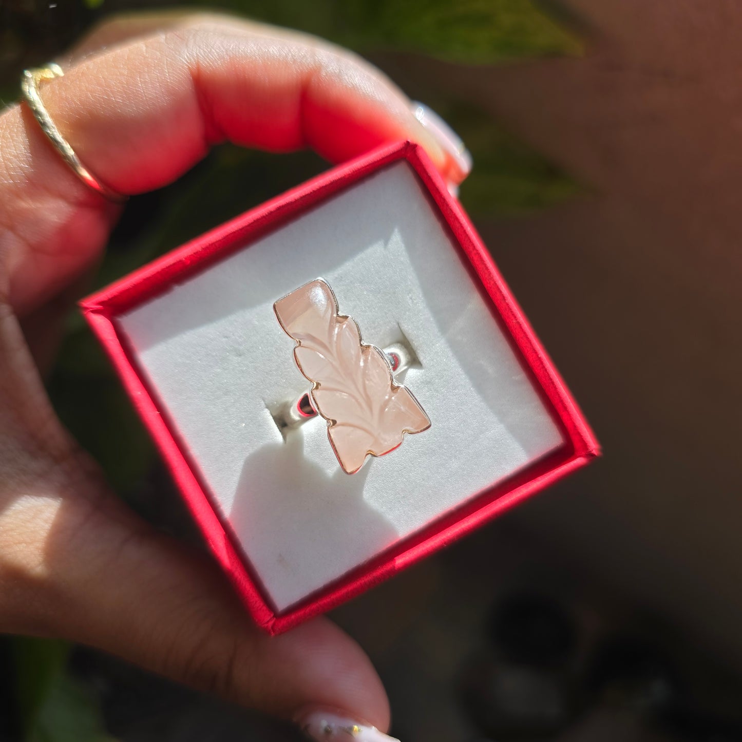 Carved Rose Quartz Gemstone Ring - Size 5.5