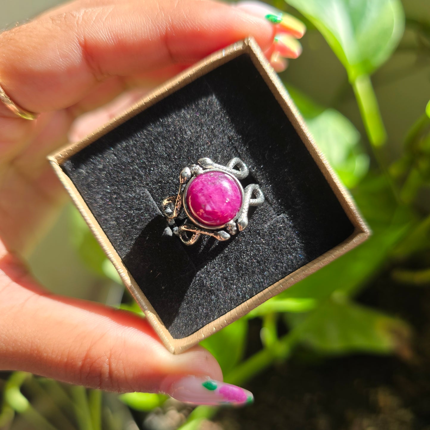Adjustable Silver Plated Brass Ring - Ruby