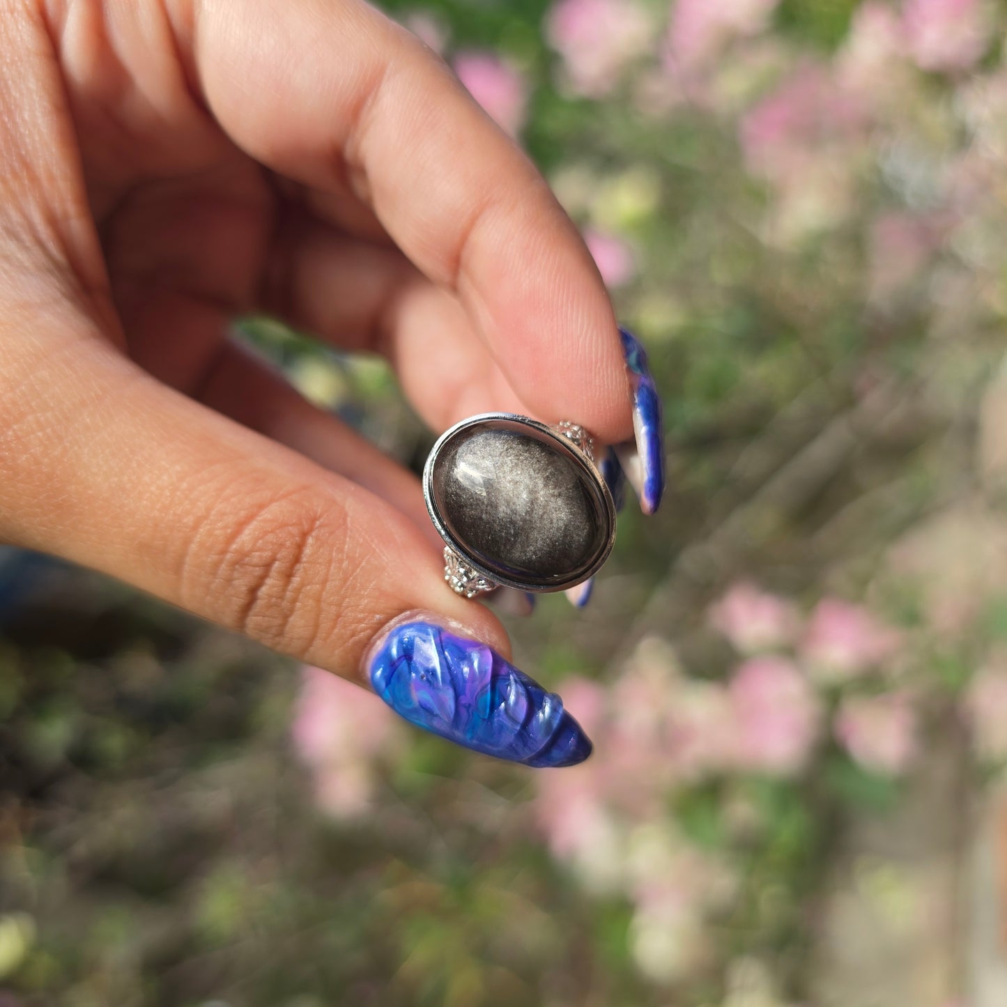 Adjustable Silver Plated Brass Ring - Silver Obsidian
