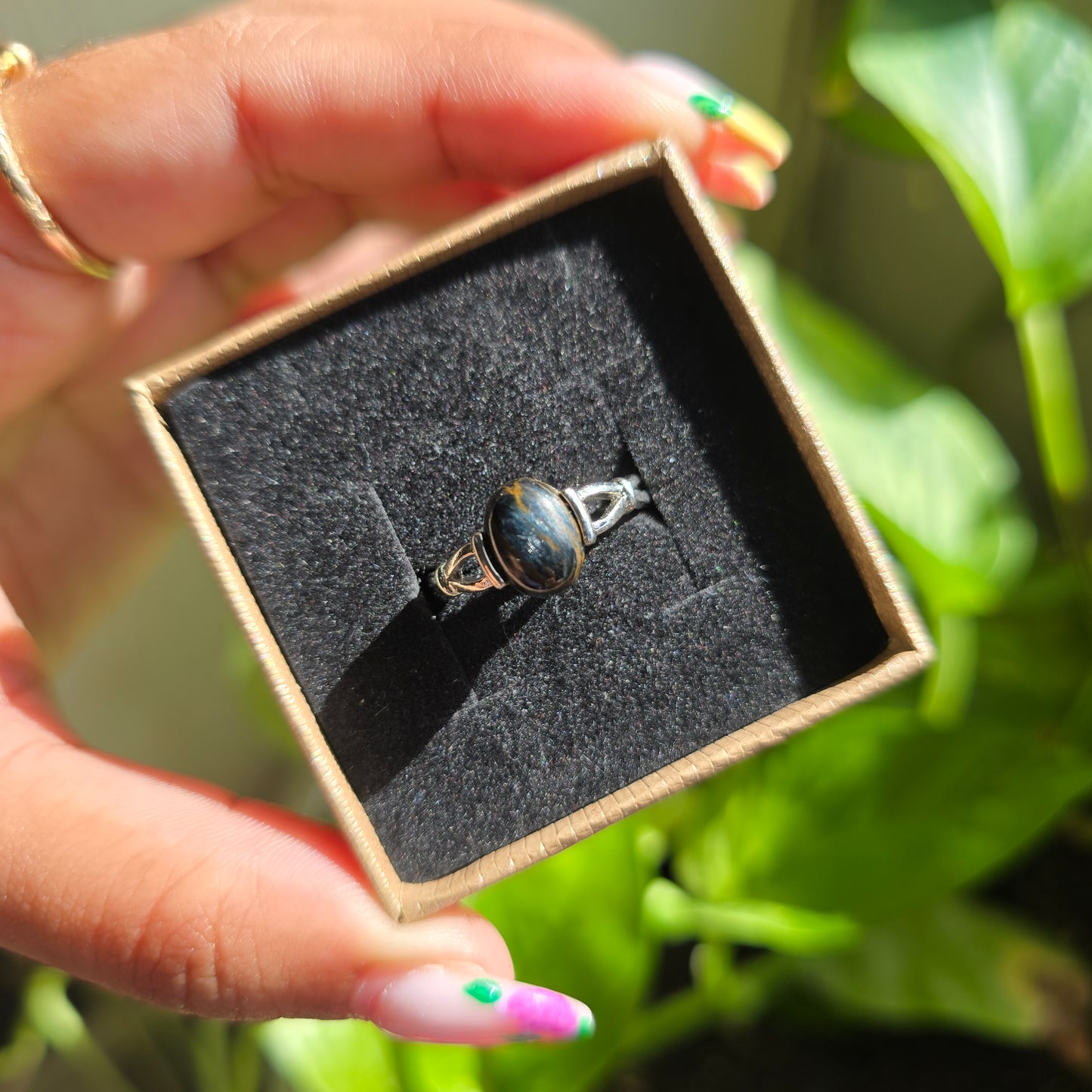 Adjustable Silver Plated Brass Ring - Hawk's Eye