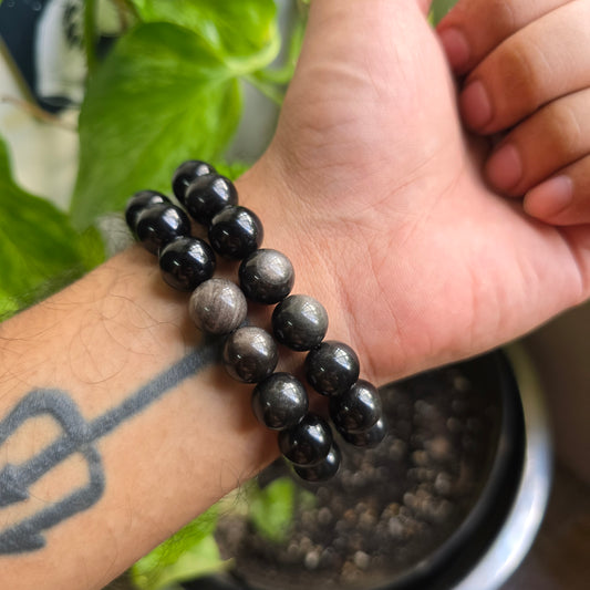 12mm Silver Sheen Obsidian Gemstone Bracelet