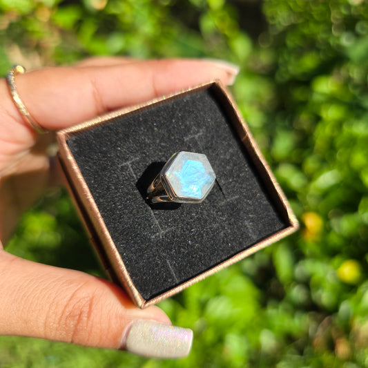 Faceted Rainbow Moonstone Ring - Size 7.5
