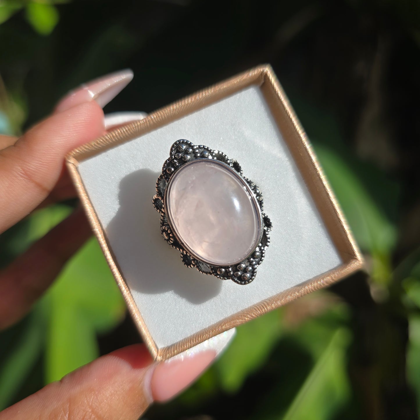 Silver Plated Rose Quartz Ring - Adjustable