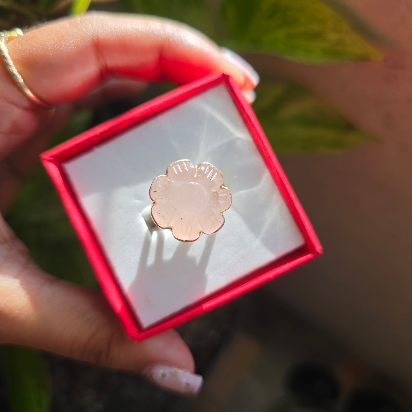 Carved Rose Quartz Gemstone Ring - Size 5.5