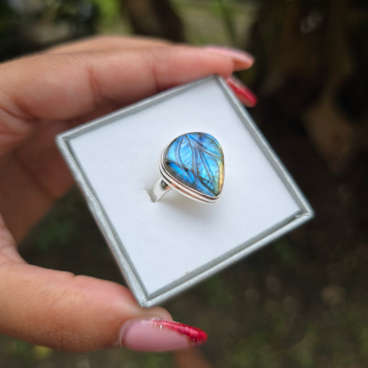 Carved Multi Fire Labradorite Ring - Size 7