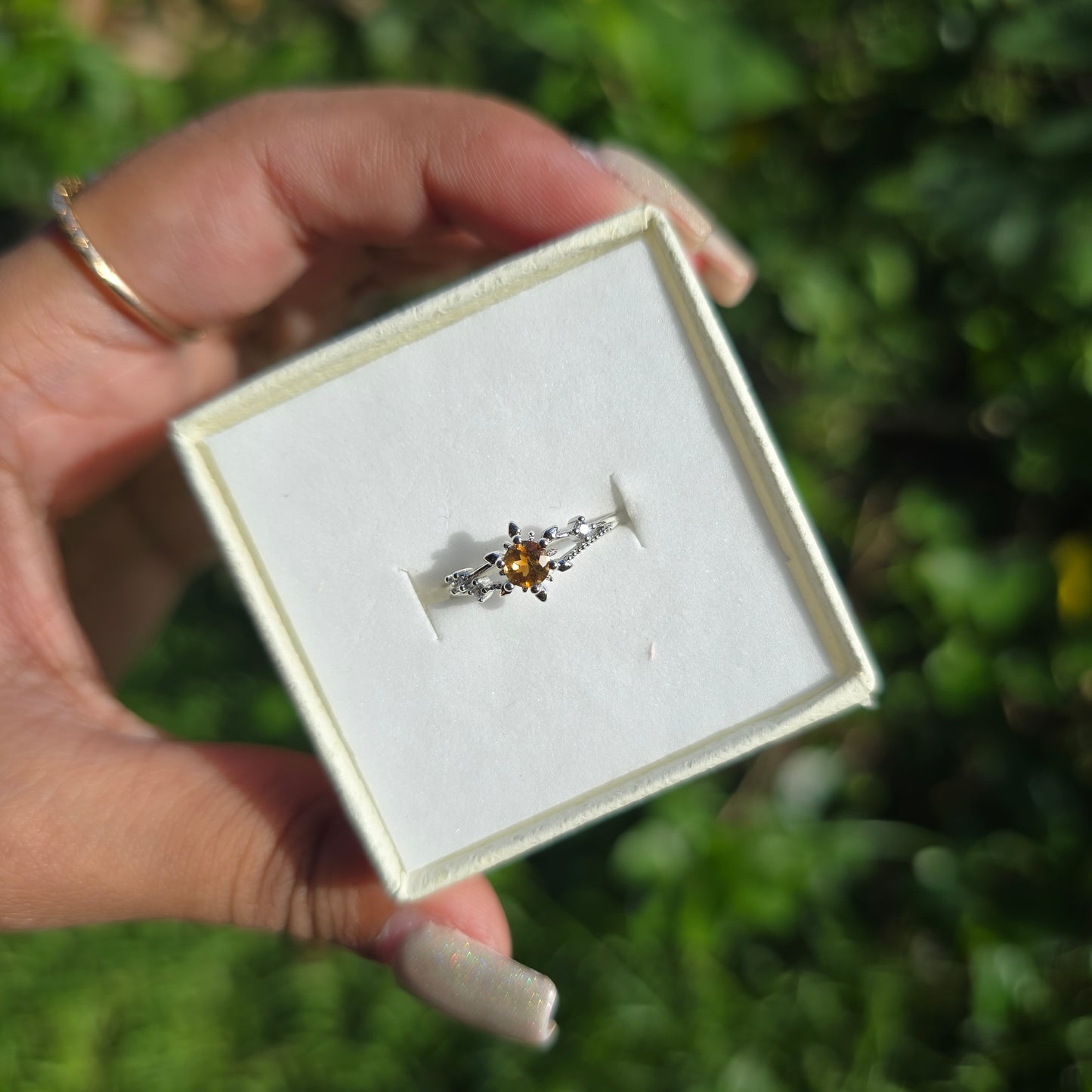 Adjustable Silver Plated Brass Ring - Citrine