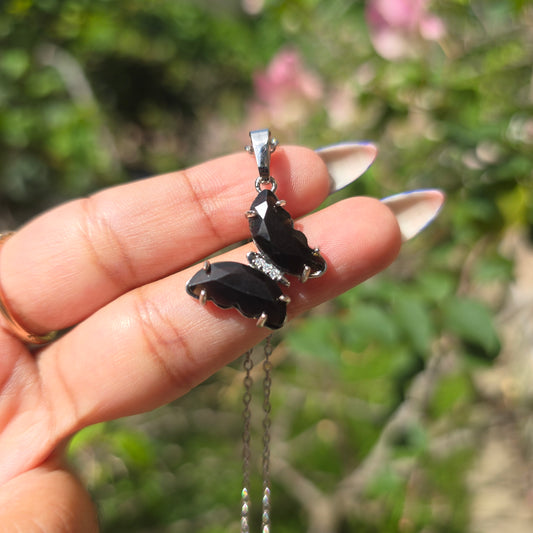 Silver Plated Brass Butterfly Pendant - Black Obsidian