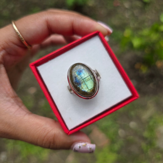 Multi Fire Labradorite Ring - Size 8