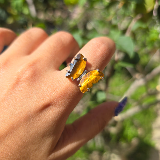 Adjustable Silver Plated Brass Ring - Tiger's Eye