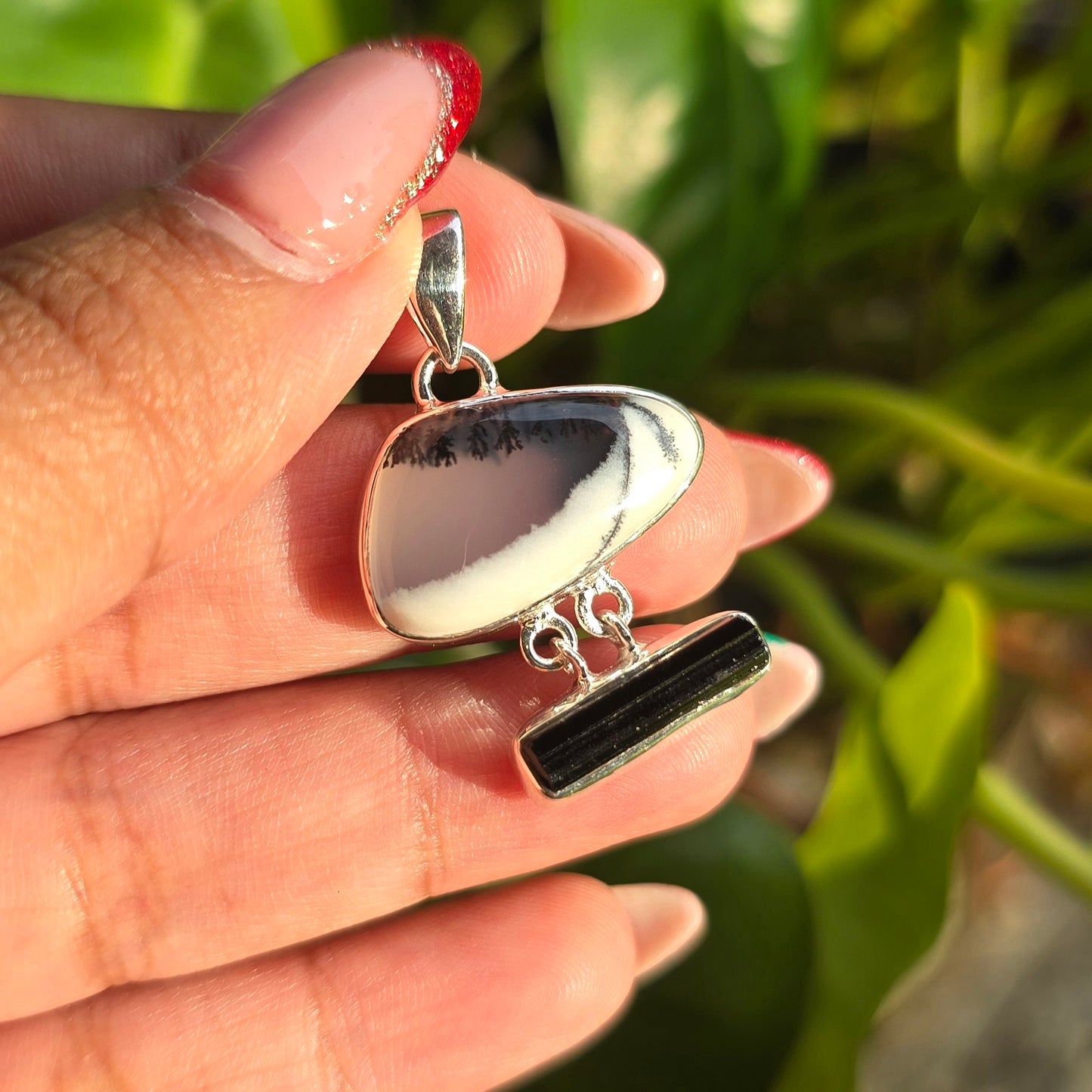 Black Tourmaline and Dendritic Opal Pendant