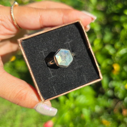 Faceted Rainbow Moonstone Ring - Size 10