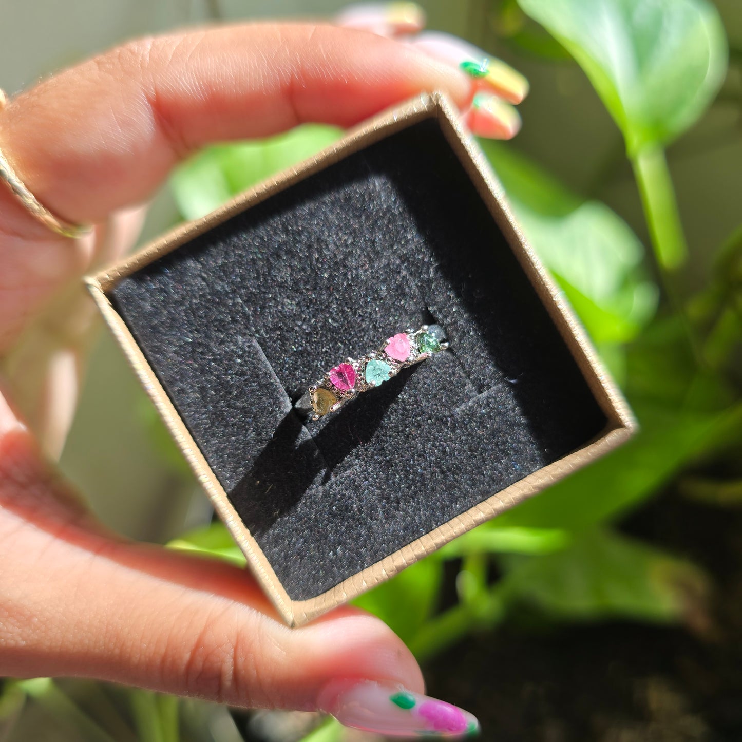 Adjustable Silver Plated Brass Ring - Rainbow Tourmaline