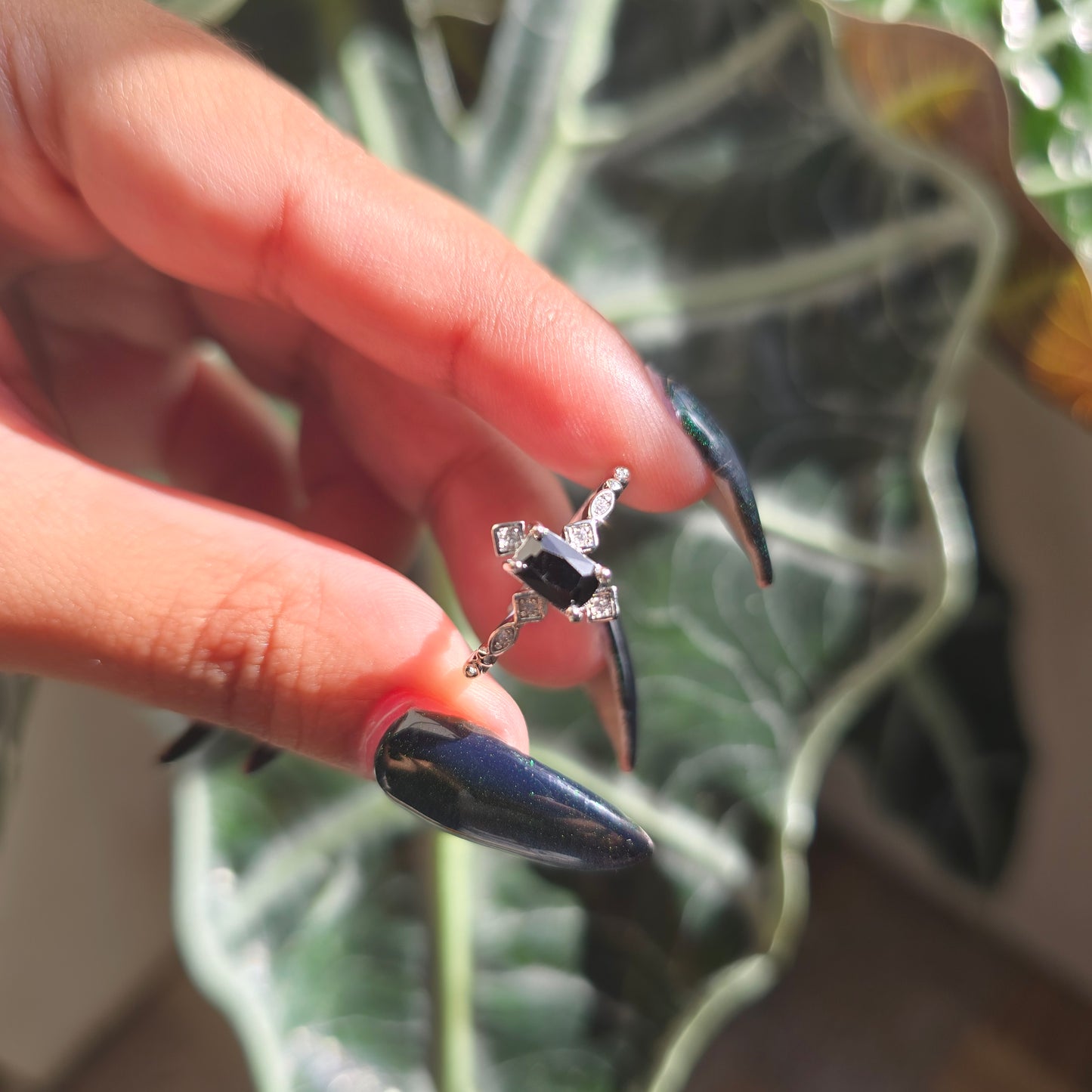 Adjustable Silver Plated Brass Ring - Black Obsidian
