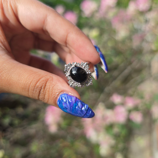 Adjustable Silver Plated Brass Ring - Black Obsidian