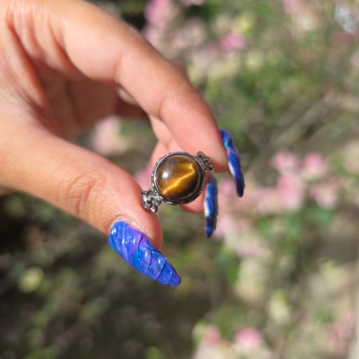 Adjustable Silver Plated Brass Ring - Tiger's Eye